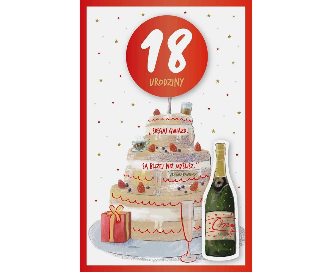 Birthday Card 18th Birthday, Cake with champagne, 13x20,5 cm